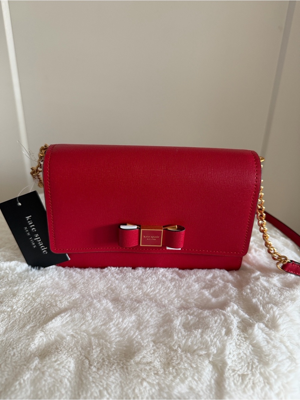 kate spade Red Saffiano Crossbody with Bow and Gold Chain